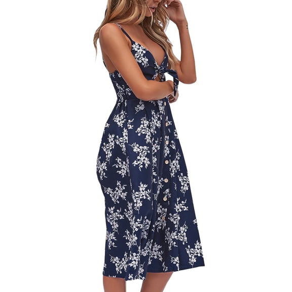 FANCYINN Womens Floral Prints Tie Front Button Down Spaghetti Strap Midi Dress Flower Navy Blue XS