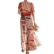 FANCYINN Womens Long Floral Chiffon Kimono Sheer Cover Up Boho Bohemian Dress Beach Wears Bikini Cover Ups S