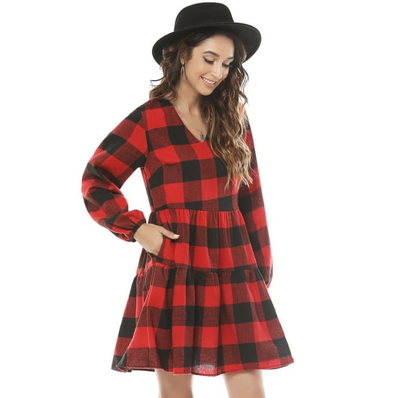 FANCYINN Womens Long Sleeve Buffalo Plaid Shift Tunic Dress Ruffle Hem Vneck Casual Swing Babydoll Mini Dress with Pockets Red & Black S