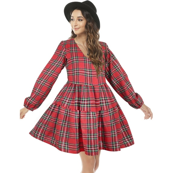 FANCYINN Womens Long Sleeve Buffalo Plaid Shift Tunic Dress Ruffle Hem Vneck Casual Swing Babydoll Mini Dress with Pockets Red Yellow L