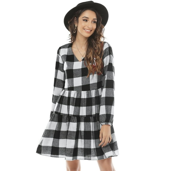 FANCYINN Womens Long Sleeve Buffalo Plaid Shift Tunic Dress Ruffle Hem Vneck Casual Swing Babydoll Mini Dress with Pockets White & Black L