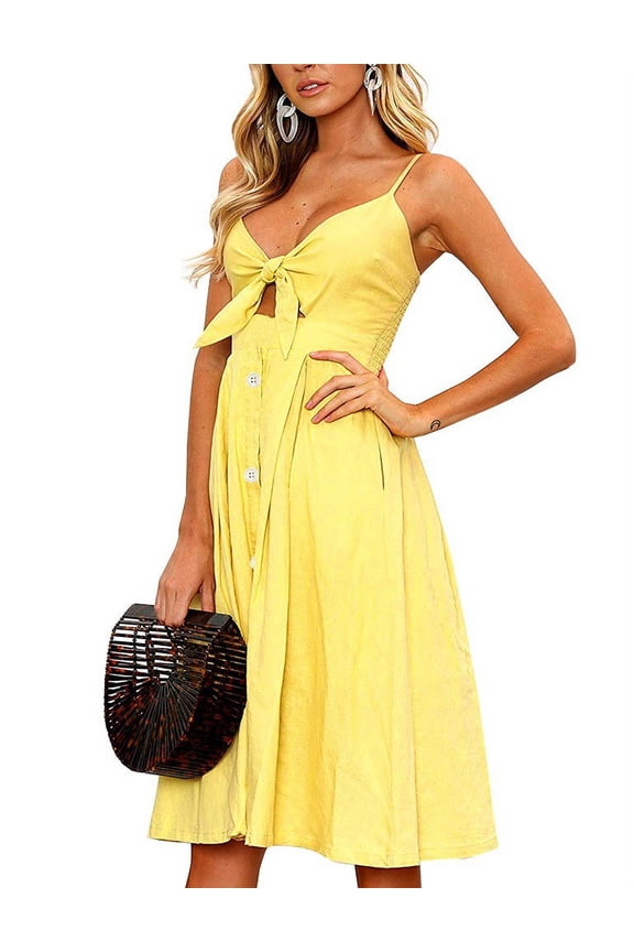 Womens Summer Dresses Yellow Tie Front Button Down Spaghetti Strap Midi Dress Yellow M