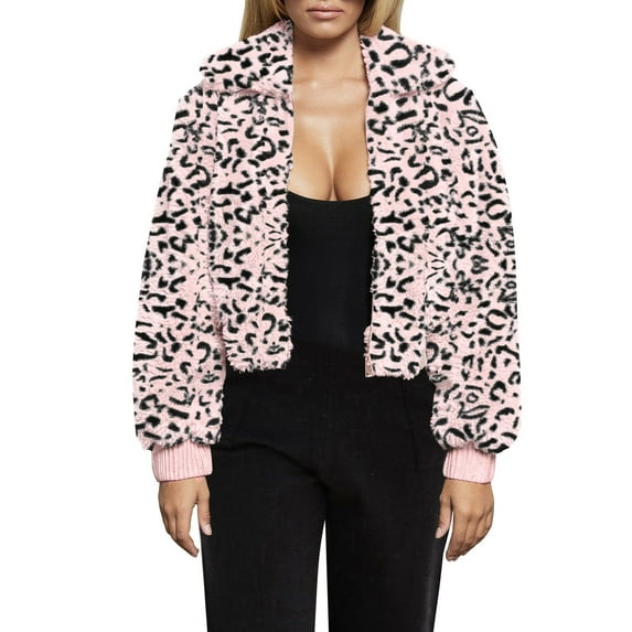 FANCYINN Womens Teddy Cropped Faux Fur Jacket Furry Lapel Coat Zip Up With Pockets Warm Winter Pink Leopard M