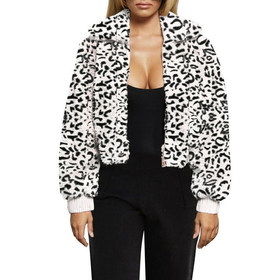 FANCYINN Womens Teddy Cropped Faux Fur Jacket Furry Lapel Coat Zip Up With Pockets Warm Winter White Leopard XXL