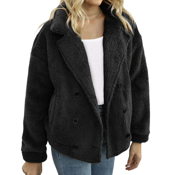 FANCYINN Womens Teddy Faux Fur Double Breasted Jacket Furry Lapel Coat Button Up With Pockets Warm Winter Black S