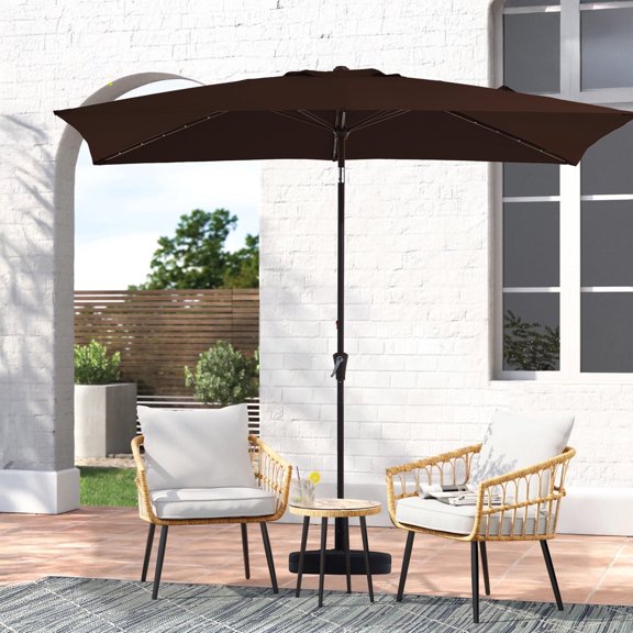 FANDAZE 6.5'x10' Solar LED Rectangular Patio Umbrella with Crank, 6 Heavy-Duty Ribs UV Protection for Garden, Deck, Backyard and Poolside, Brown