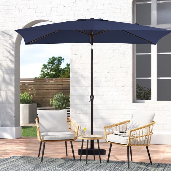 FANDAZE 6.5'x10' Solar LED Rectangular Patio Umbrella with Crank, 6 Heavy-Duty Ribs UV Protection for Garden, Deck, Backyard and Poolside, Navy Blue