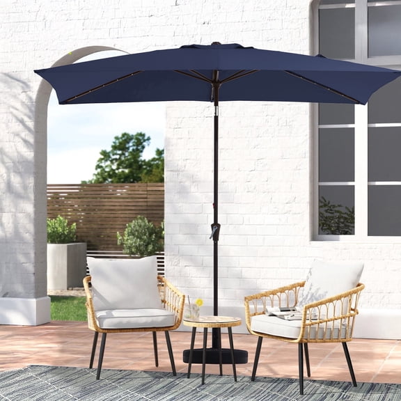 FANDAZE 6.5'x10' Solar LED Rectangular Patio Umbrella with Crank, 6 Heavy-Duty Ribs UV Protection for Garden, Deck, Backyard and Poolside, Navy Blue