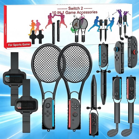 FANDLISS 10 in 1 Sports Accessory Kit for Nintendo Switch 2, Motion Game Bundle with Leg Straps, Golf Clubs, Tennis Rackets, Sword Grips & Joy-Con Wrist Straps