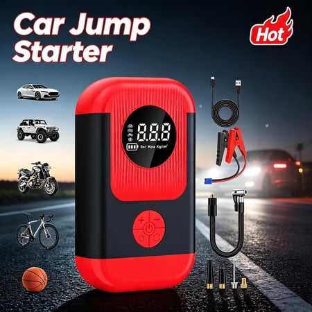 FANDLISS 12V Car Jump Starter with Built-In Air Compressor, 28000mAh Portable Car Jump Box, Digital Tire Inflator with LED Flashlight for Car, SUV, Motorcycle, Bike & Outdoor Inflatables
