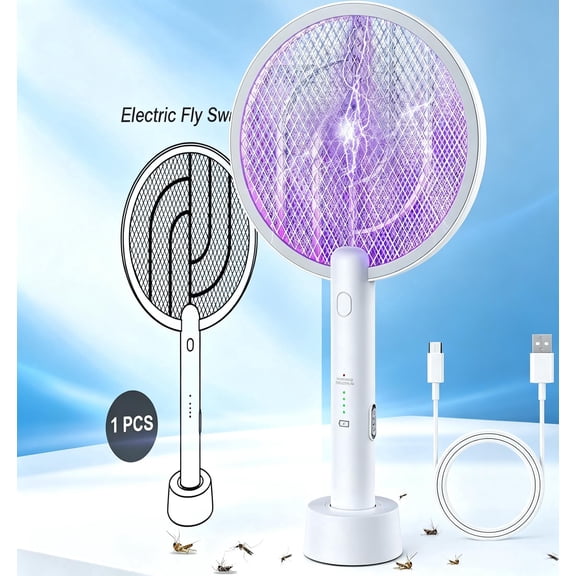 FANDLISS 4000V Electric Fly Swatter Racket, 2-in-1 Rechargeable Mosquito Killer Lamp, 3-Layer Safety Mesh, Indoor Outdoor Bug Zapper, White 1 Pack