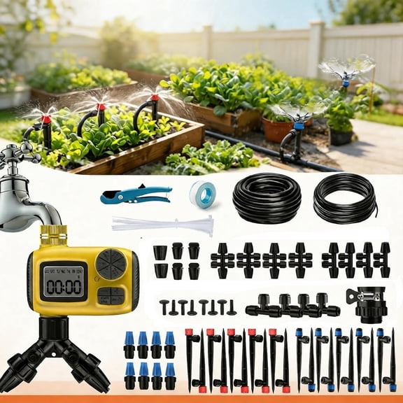 FANDLISS Automatic Drip Irrigation System with Smart Timer, Diy Garden Watering Kit with 1/2"& 1/4" Tubing, Adjustable Sprayers for Patio, Greenhouse, Vegetable Garden