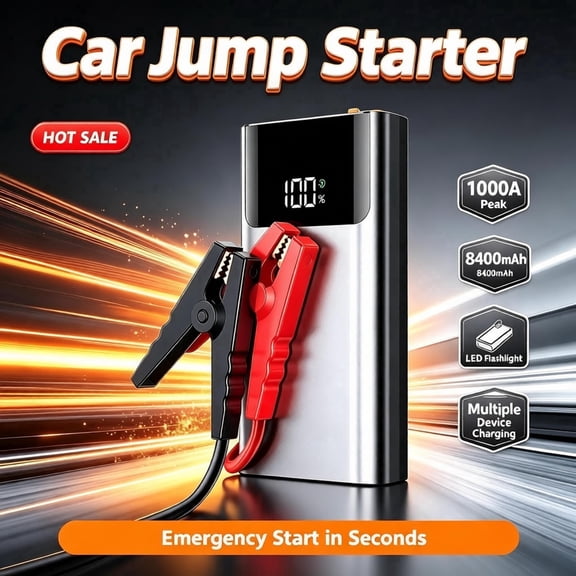 FANDLISS Car Jump Starter, 8400mAh Portable Jumper Box with 1000A Peak Current, LED Flashlight, USB-C Power Bank, Digital Display Auto Battery Booster for Car, Motorcycle, Truck