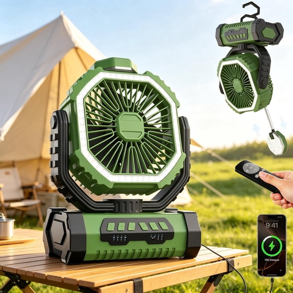 FANDLISS Portable Camping Fan with Remote & LED Lantern, 20000mAh Rechargeable Battery Fan, 4-Speed with Timer, Tent Fan with 360 Rotating Hook for Outdoor, Bedroom, Office, Power Outage, Green