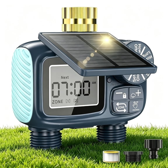 FANDLISS Solar Sprinkler Timer, 2 Outlet Programmable Garden Hose Water Timer, Waterproof Automatic Plant Watering Device, Garden Watering System for Lawn, Yard, Greenhouse
