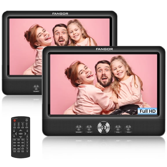 Fangor 10.5" Portable DVD Player Dual Screen Car CD Player with 2x Mounting Brackets & Rechargeable Battery (Black),Two Screen Play Same Video,Best Choice for Road Trip & Home