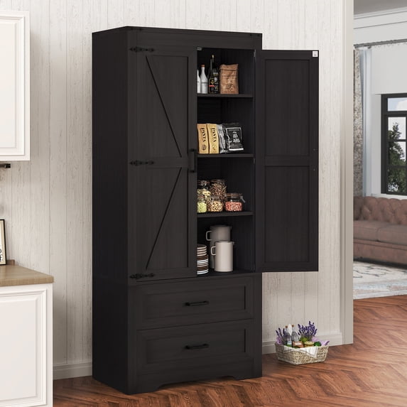 FANGSUM 72" Tall Pantry Cabinet, Kitchen Pantry Storage Cabinet with Barn Doors, Large Kitchen Storage Cabinet with Drawers & Adjustable Shelf, for Kitchen, Dining Room, Bathroom