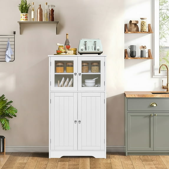 FANGSUM Bathroom Cabinet, Floor Storage Cabinet with Glass Doors, Bathroom Cabinet Freestanding with Adjustable Shelves, for Bathroom, Living Room, Office, White