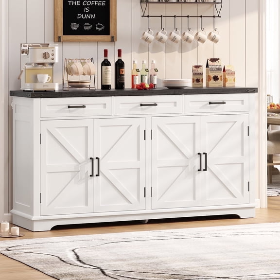 TEENFON Farmhouse Buffet with 3 drawers and 4 Doors, Accent Stoarge Cabinet with 2 Adjustable Shelves, for Living Room, Dinging Room, White
