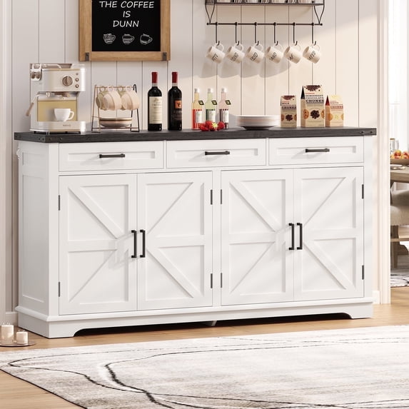 TEENFON Farmhouse Buffet with 3 drawers and 4 Doors, Accent Stoarge Cabinet with 2 Adjustable Shelves, for Living Room, Dinging Room, White