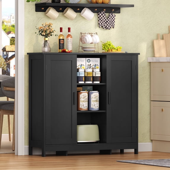 FANGSUM Floor Storage Cabinet with 2 Doors and 2 Open Shelves, Wooden Buffet Cabinet for Kitchen, Living Room, Hallway