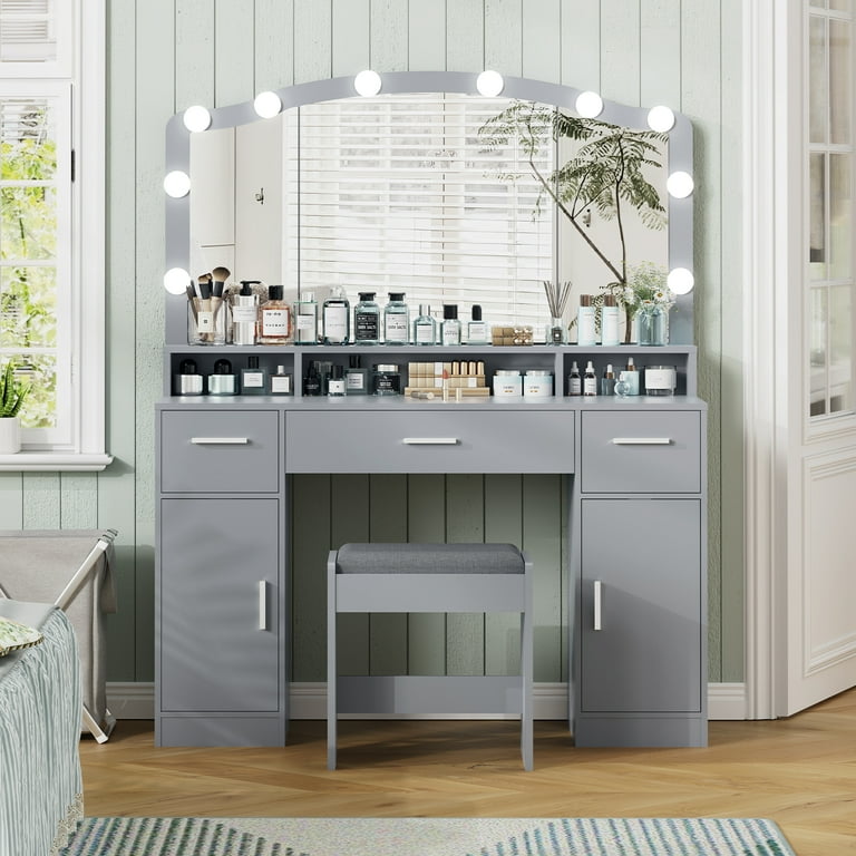 FANGSUM with LED Lights Table Drawers Cabinets Stool Table Set Gray