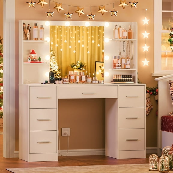 TEENFON Large Vanity Desk with LED Lighted Mirror & Power Outlet,Makeup Vanity Table with 7 Drawers,4 Shelves and 5 Hooks,Vanity Table, Vanity Desk Set for Bedroom,Bathroom,White