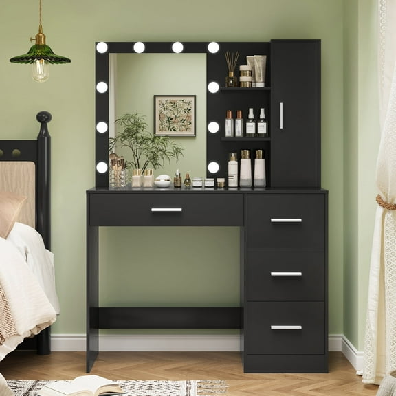 Makeup Vanity with Lights, Vanity Desk with Mirror and 10 LED Lights, Vanity Table Set with 4 Drawers, Cabinet & 4 Necklace Hooks, Dressing Table for Bedroom,Black