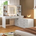 thumbnail image 1 of Large Makeup Vanity with LED Light Mirror & Power Outlet, 8 Drawers, 3 Color Modes & Adjustable Brightness Corner Vanity, L Shape Vanity, Dressing Table, White, 1 of 10