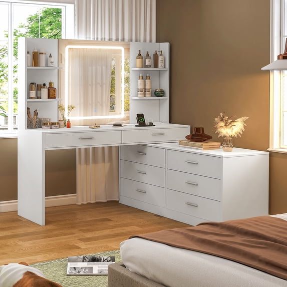 Large Makeup Vanity with LED Light Mirror & Power Outlet, 8 Drawers, 3 Color Modes & Adjustable Brightness Corner Vanity, L Shape Vanity, Dressing Table, White