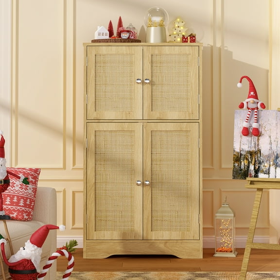 FANGSUM Rattan Cabinet with 4 Doors & Adjustable Shelf, Natural, for Living Room, Home Office