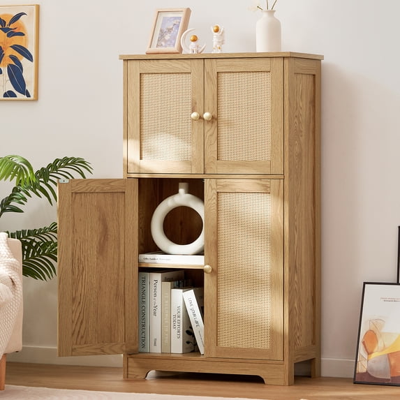 FANGSUM Rattan Cabinet with 4 Doors & Adjustable Shelf, Natural, for Living Room, Home Office