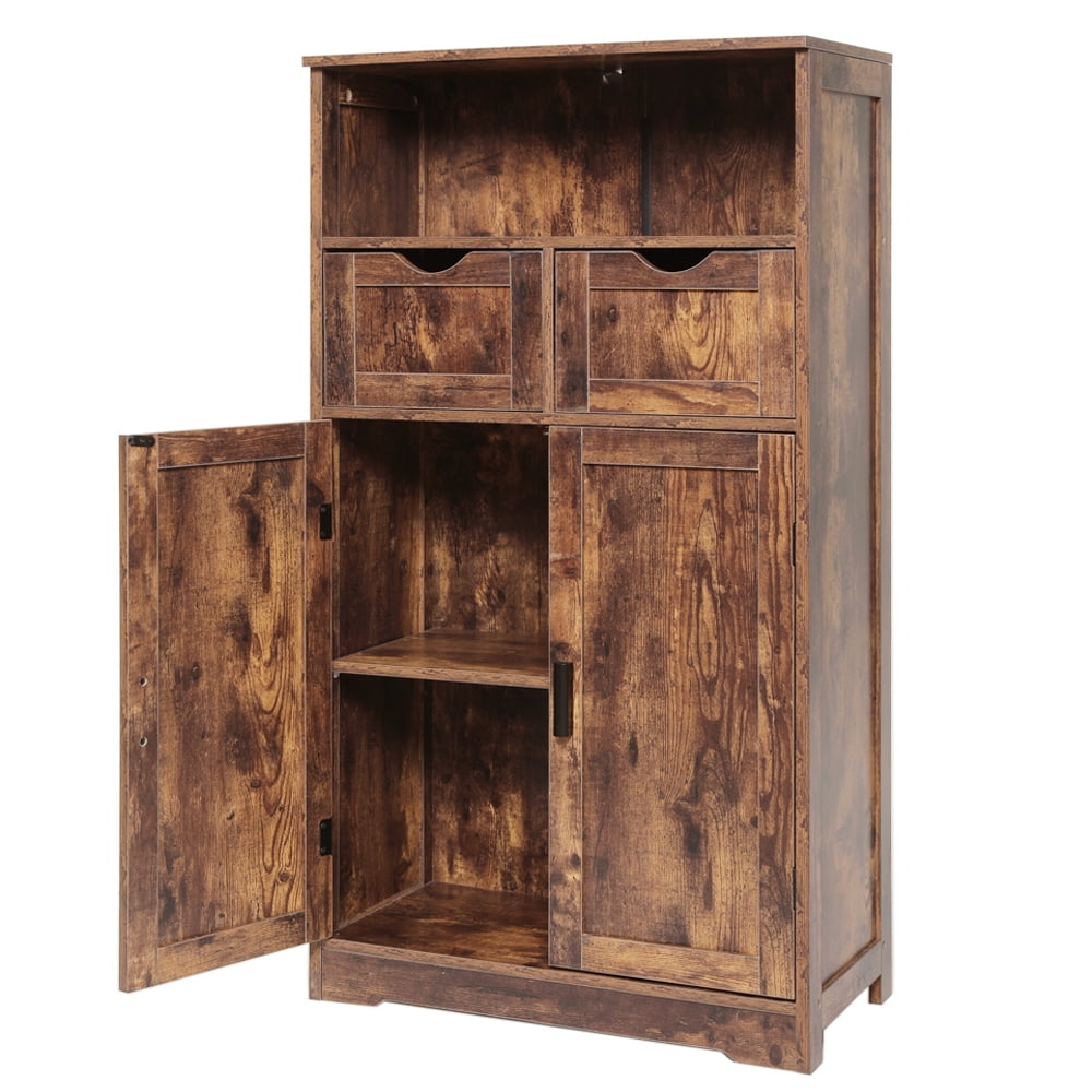 WEENFON Floor Storage Cabinet with 2 Adjustable Drawers & 2 Barn Doors,  Standing Cupboard with 2 Shelf, for Living Room, Home Office, Kitchen,  Rustic