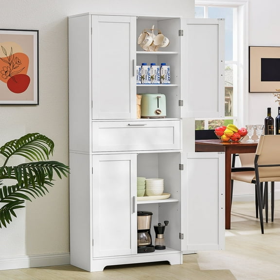 TEENFON Tall Kitchen Pantry Storage Cabinet, Freestanding Cupboard with 1 Large Drawer, for Dining Room, Living Room, Laundry, White