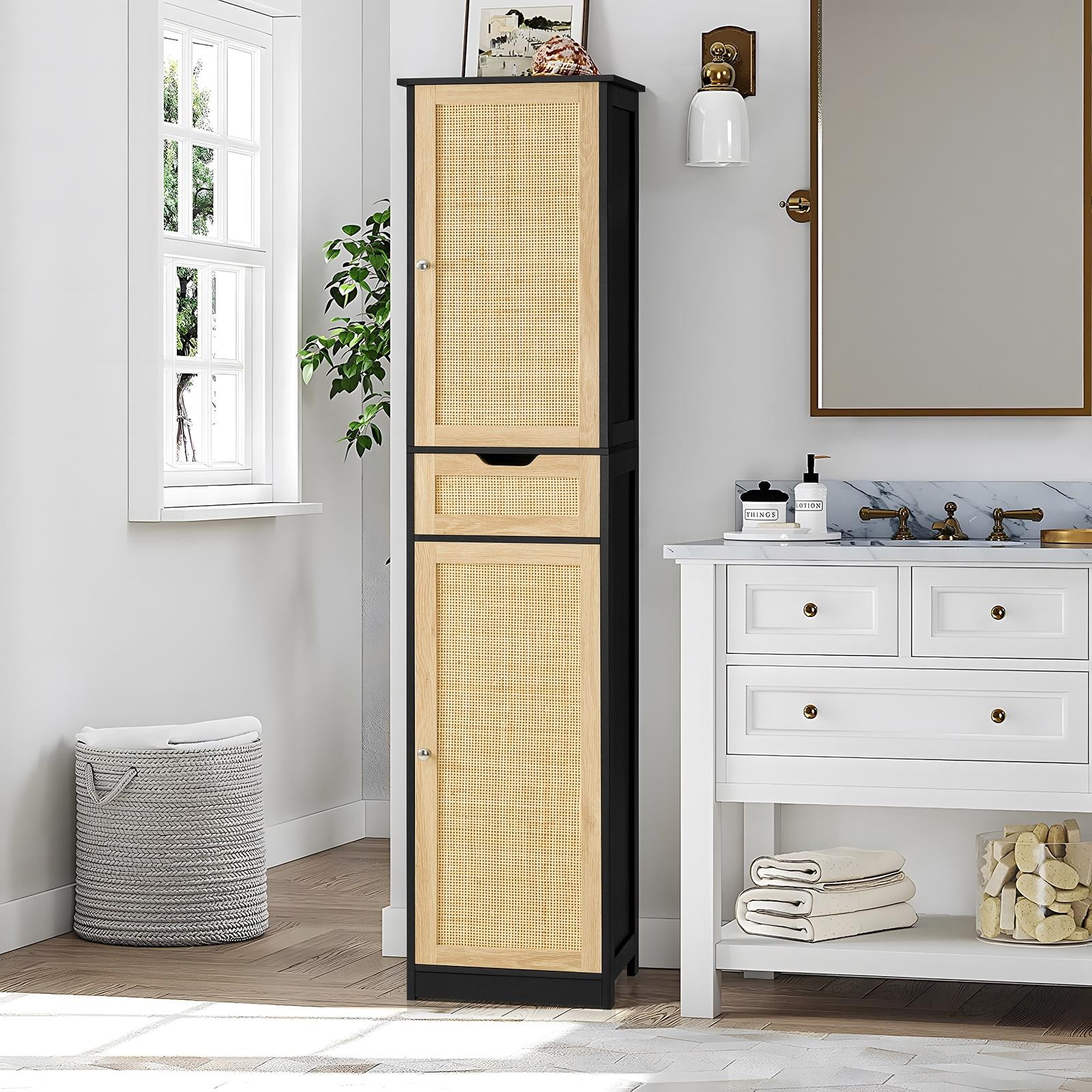 FANGSUM Tall Rattan Bathroom with Doors and Adjustable Shelves, Freestanding Narrow