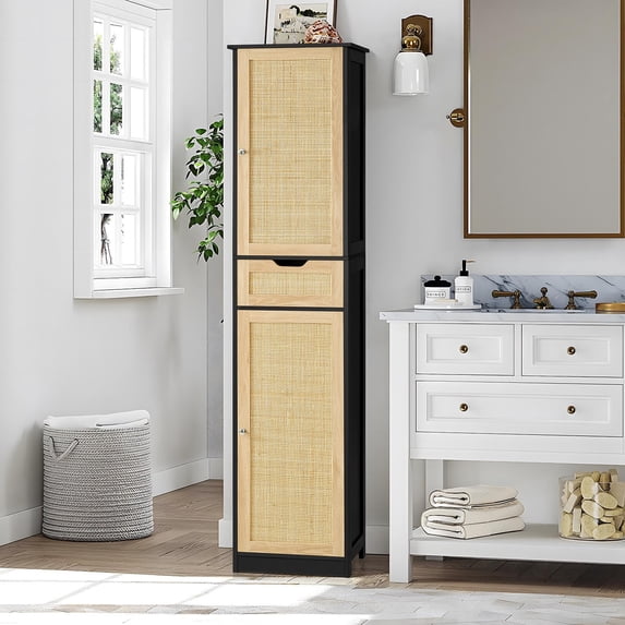 FANGSUM Tall Rattan Bathroom Cabinet with Doors and Adjustable Shelves, Freestanding Narrow Linen Cabinet for Living Room