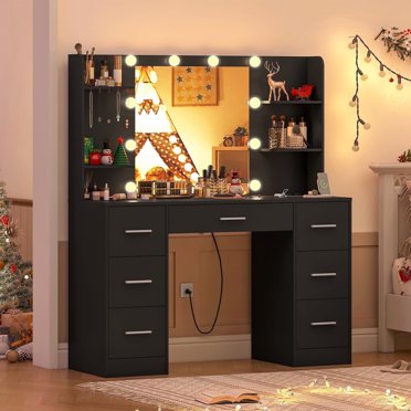 VidaXL Dressing Table Set With LED Black Engineered Wood
