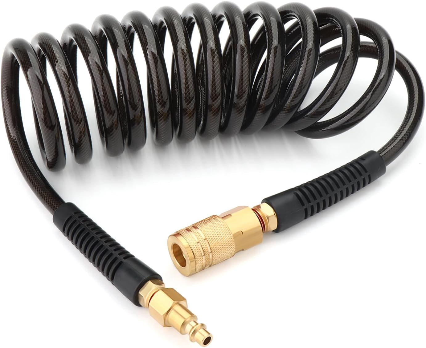 FANHAO 1/4" x 10FT Black Reinforced Polyurethane Recoil Air Hose with Bend Restrictor, 1/4" Industrial Quick Coupler and Plug