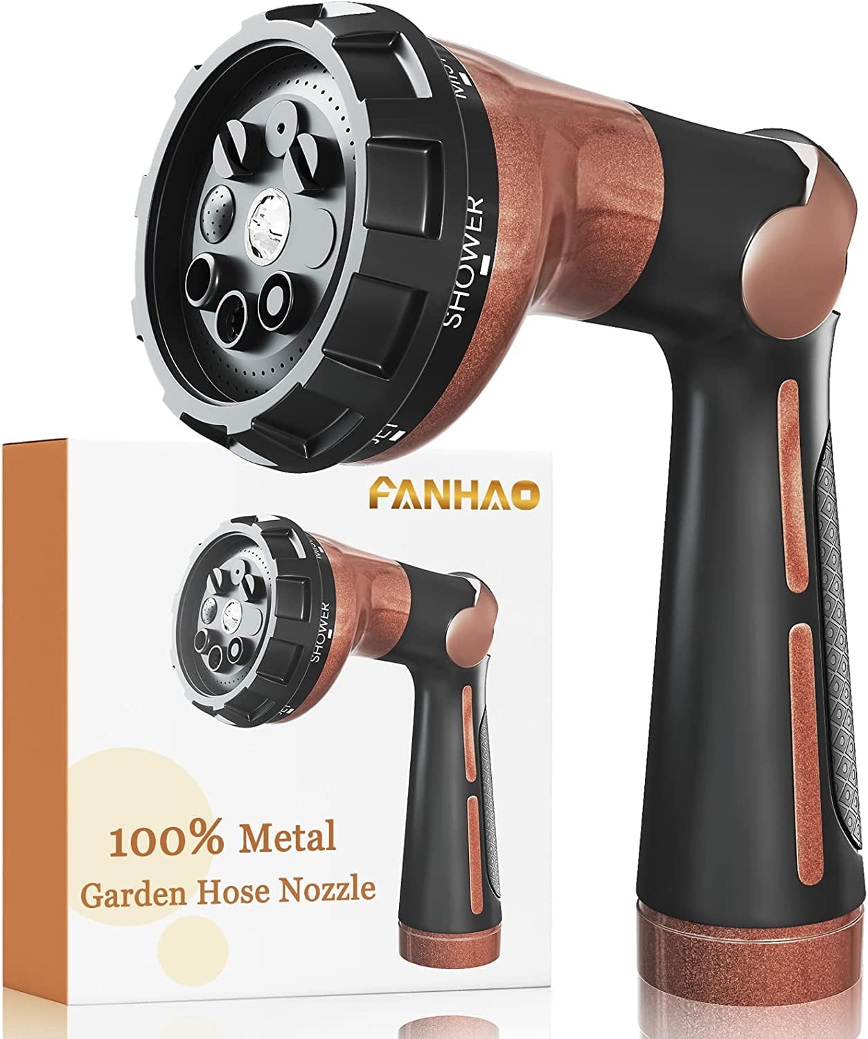 FANHAO 100% Heavy Duty Metal Garden Hose Nozzle, 8 Spray Patterns Watering Nozzle for Thumb Control
