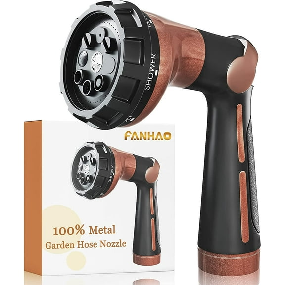 FANHAO 100% Heavy Duty Metal Garden Hose Nozzle, 8 Spray Patterns Watering Nozzle for Thumb Control