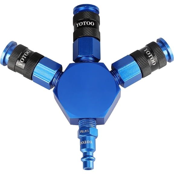 FANHAO 3-Way Air Manifold, Air Hose Splitter with Aluminum 3 Universal Quick Connect Couplers and 1/4" NPT Male Industrial Air Plug for connecting air compressor, air hoses and air tools, Blue
