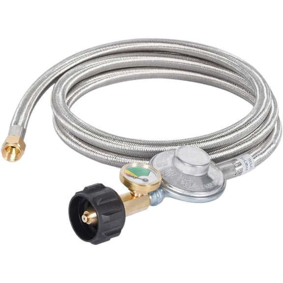 FANHAO 6FT Propane Regulator Hose with Gauge, Grill Regulator Hose QCC1 Connection for Most LP Gas Grill, Heater, and Fire Pit Table, 3/8" Female Flare Nut