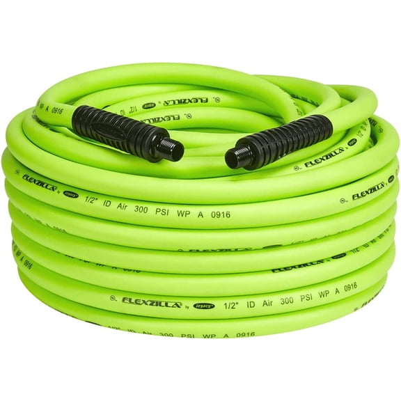 FANHAO Air Hose, 1/2 in. x 100 ft., 3/8 in. MNPT Fittings, Heavy Duty, Lightweight, Hybrid, ZillaGreen - HFZ12100YW3