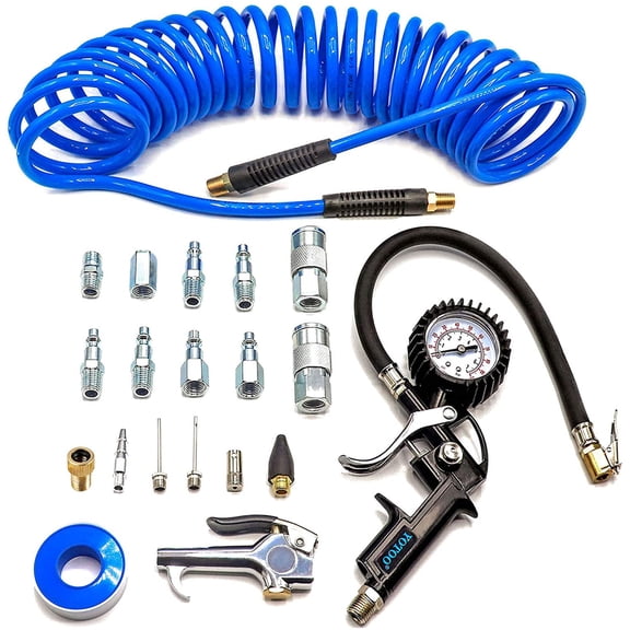 FANHAO Heavy Duty Air Compressor Accessories Kit 20 Pieces with 1/4 inch x 25 feet Polyurethane Air Compressor Hose, 100 PSI Tire Inflator Gauge, Air Blow Gun and Air Hose Fittings