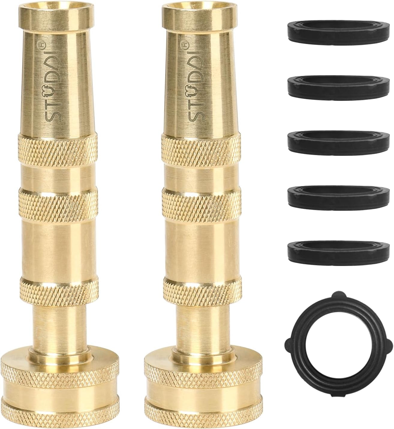 FANHAO Heavy Duty Brass Adjustable Hose Nozzle, 4" High Pressure Solid Brass Garden Hose Spray Nozzle with 6 Rubber Washers, Adjustable Twist Water Hose Nozzle, Adjustable Spray Patterns, 2 Pack