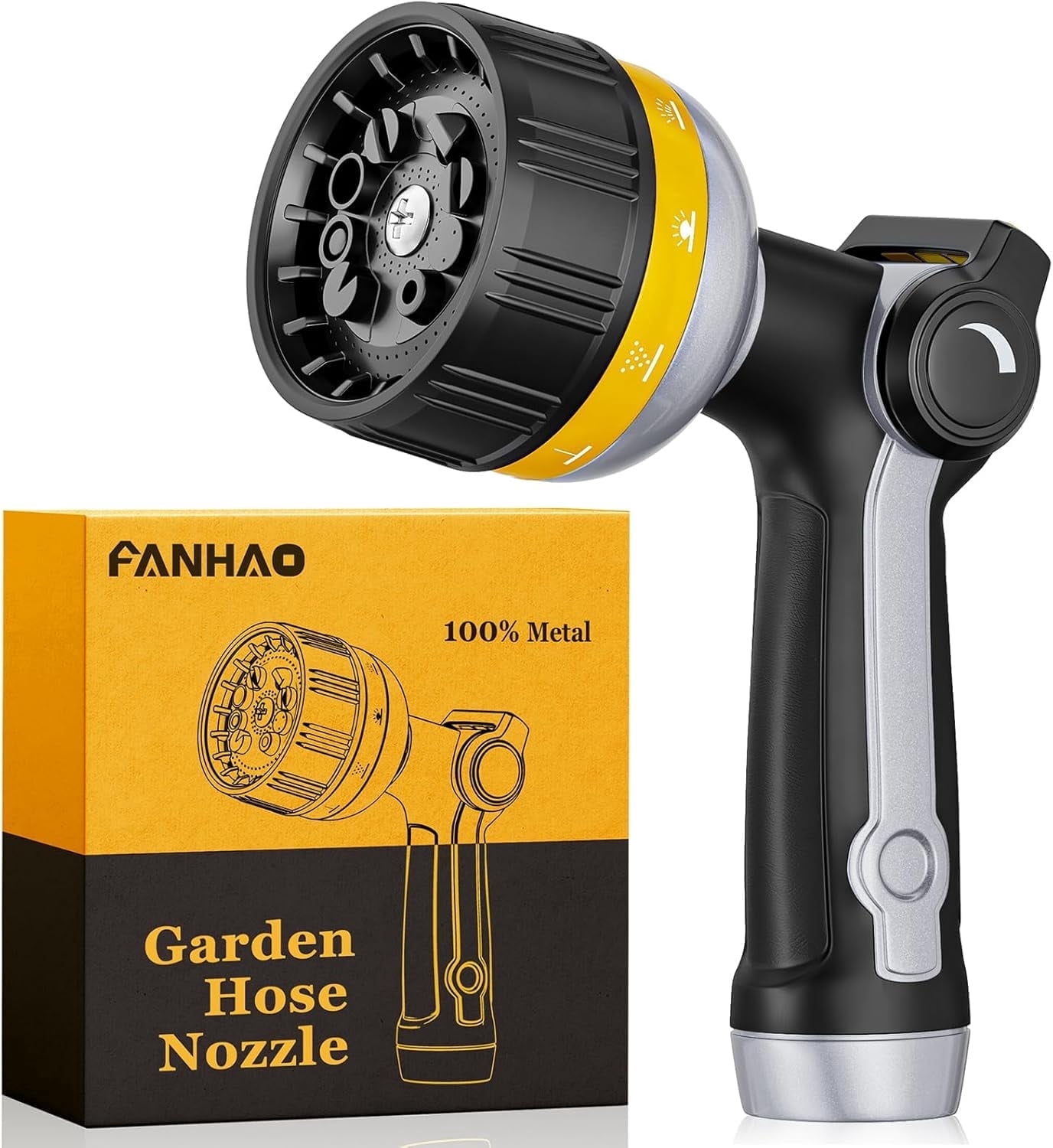 FANHAO Heavy Duty Metal Hose Nozzle with 10 Spray Patterns, Thumb Control On/Off Valve, High Pressure Water Nozzle for Plants