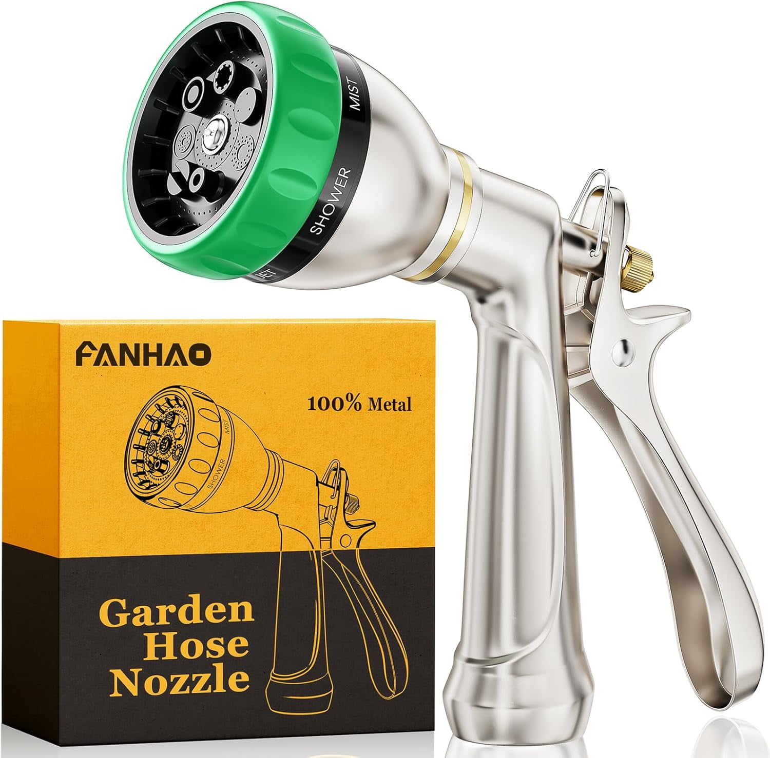 FANHAO Metal Heavy Duty Hose Nozzle with 7 Spray Patterns, Ergonomic Rear Trigger, High Pressure Water Nozzle Sprayer for Lawn