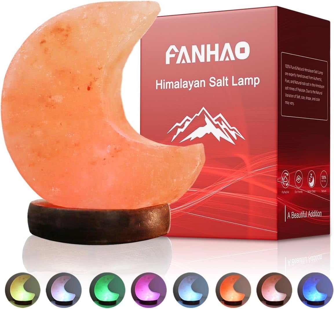 FANHAO Himalayan Pink Moon Salt Lamp,5.3 inch Multicolor LED Salt Lamp and Wooden Base Bedroom