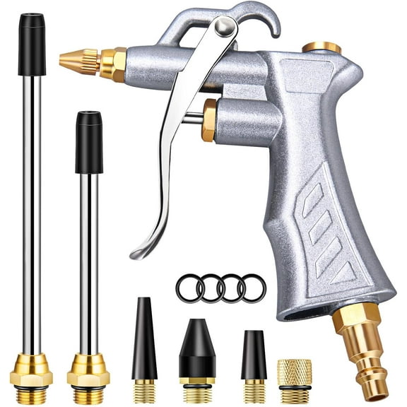 FANHAO Industrial Air Blow Gun with Brass Adjustable Air Flow Nozzle and 2 Steel Extension, Pneumatic Air Compressor Accessory Tool Dust Cleaning and Blower Gun