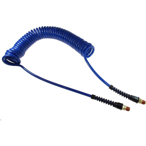 FANHAO PU14-50B-B Flexcoil Polyurethane Coiled Air Hose, 1/4-Inch ID, 50-Foot Length with (2) 1/4-Inch Reusable Strain Relief MPT Swivel Fittings, Dark Blue